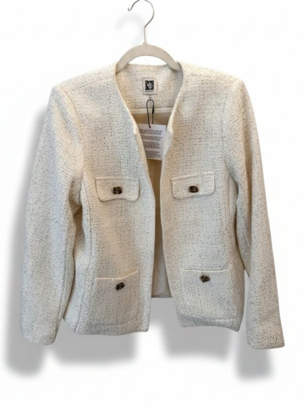 NWT Anne Klein Ivory Gold Boucle Tweed Jacket Collarless 4 Pockets L Org $149